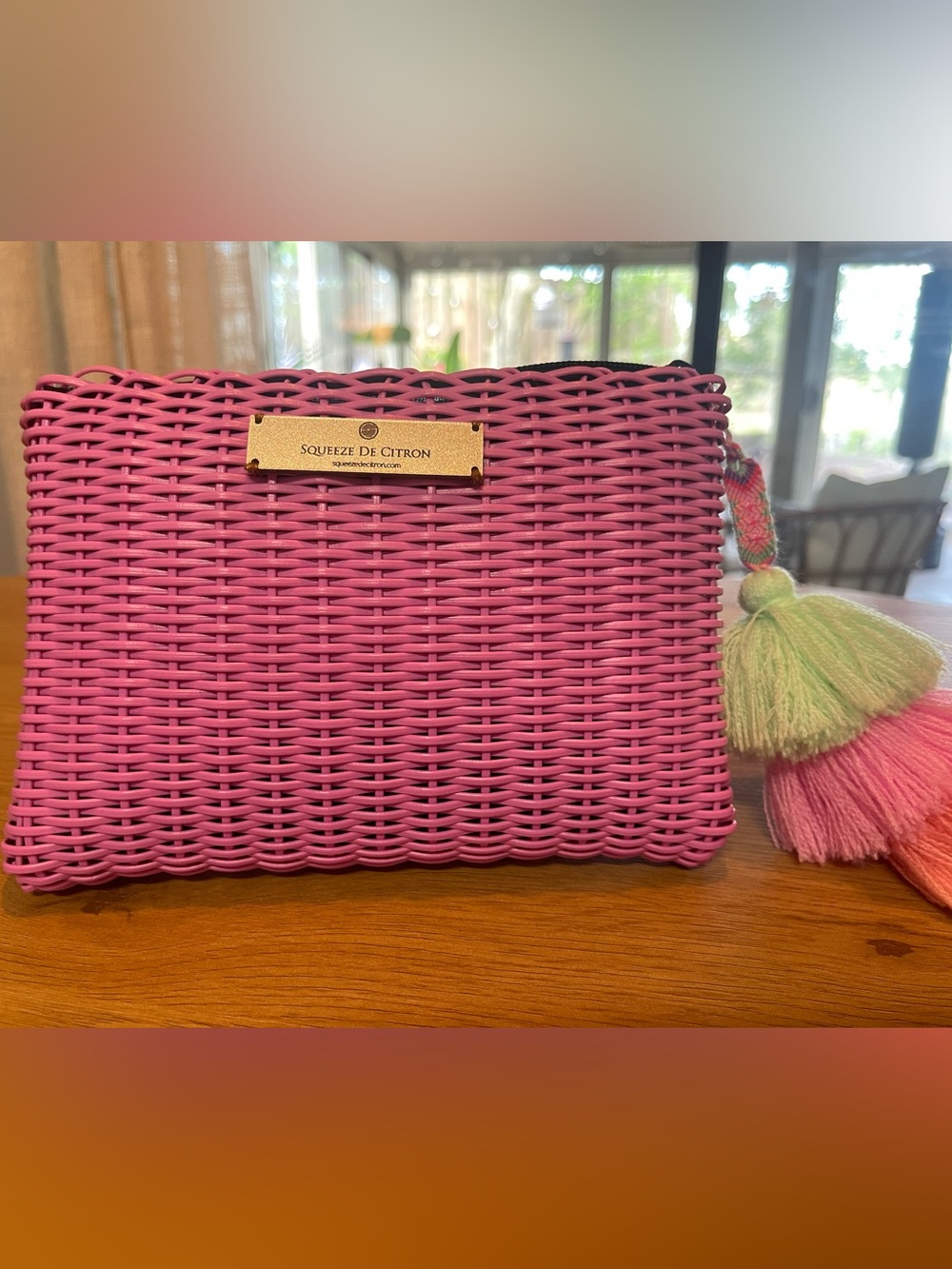 Squeeze De Citron Pink Woven Clutch with Tassel
